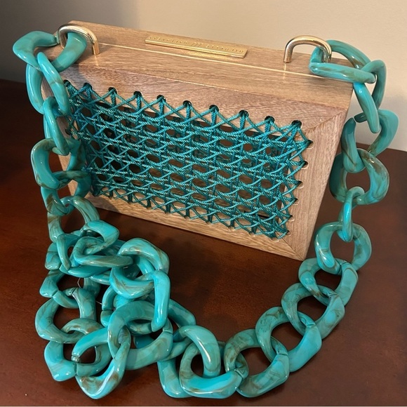 Maxi Rose Natural Acqua Wooden Mini Bag with Teal Acrylic Chain - Picture 3 of 6